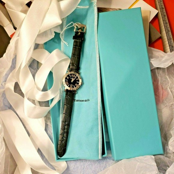 Ladies Tiffany & Co ATLAS WATCH 14K White Gold Diamonds Black Leather Band main image 6